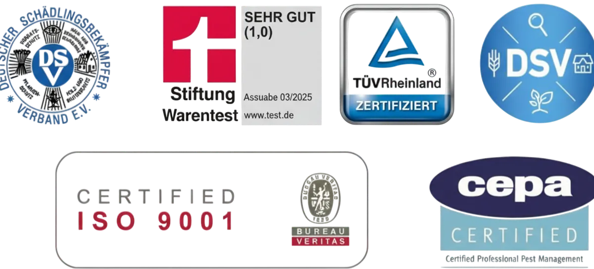 Zertifizierungen und Mitgliedschaften: IHK, HWK, TÜV Rheinland, DSV, ISO 9001, CEPA, Stiftung Warentest Sehr Gut